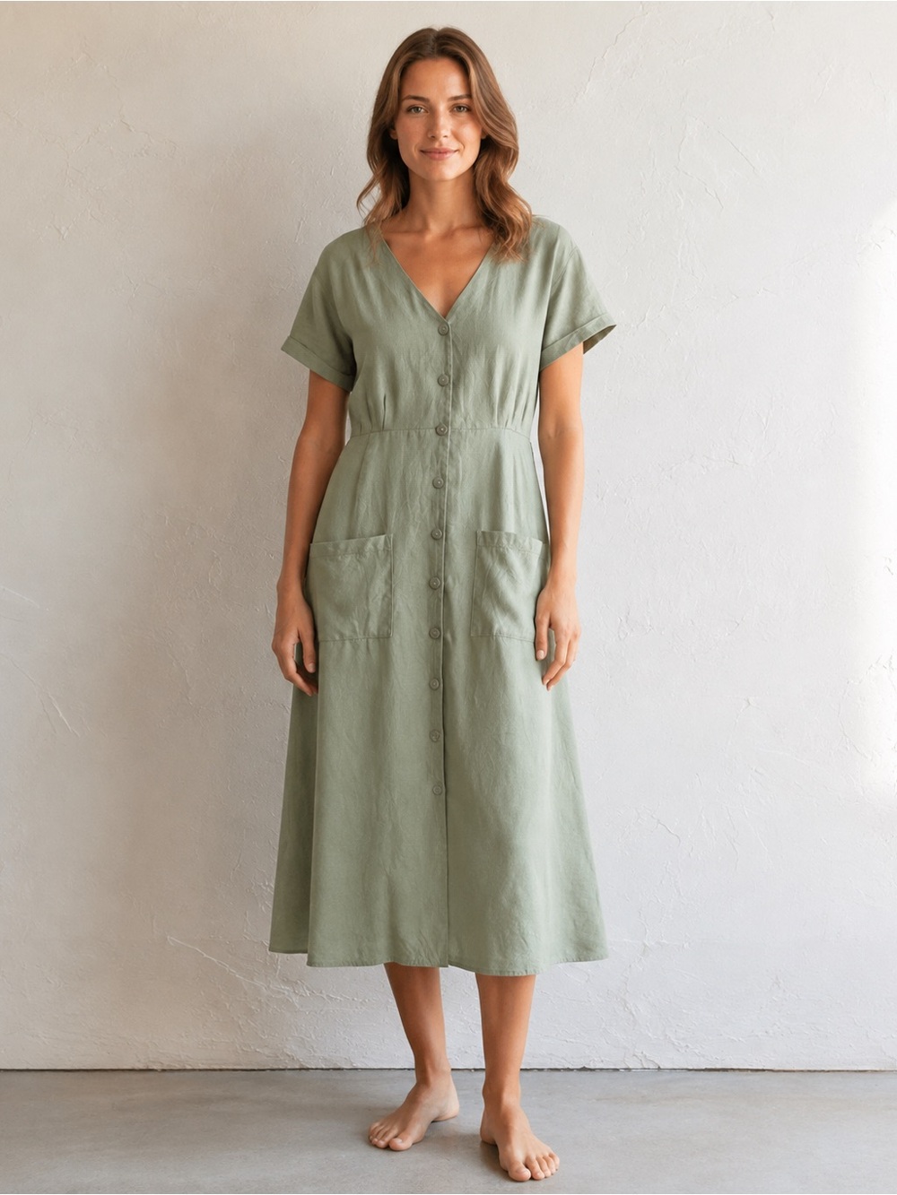 Lagenlook Sage Linen Midi Dress Rachel Zoe Button Front Pockets Cottagecore L